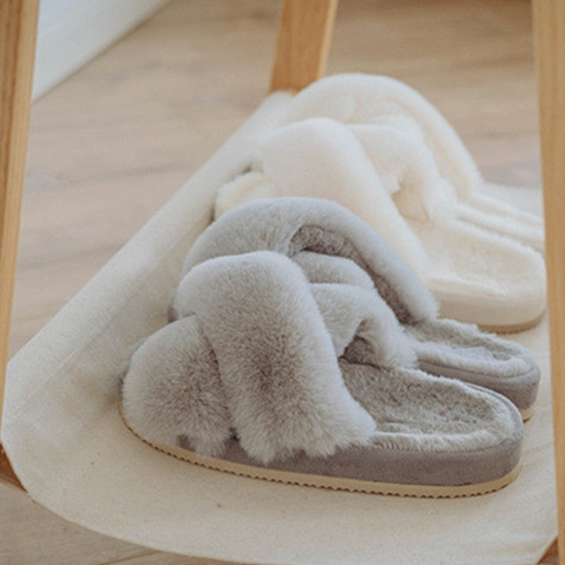 New Women Soft Rabbit Fur Warm Open Toe Fluffy Home Slippers
