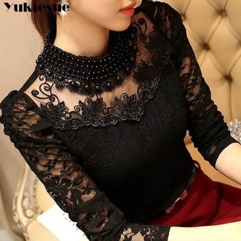 elegant long sleeve bodysuit beaded lace crochet tops