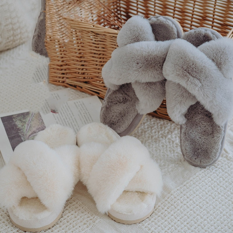 New Women Soft Rabbit Fur Warm Open Toe Fluffy Home Slippers