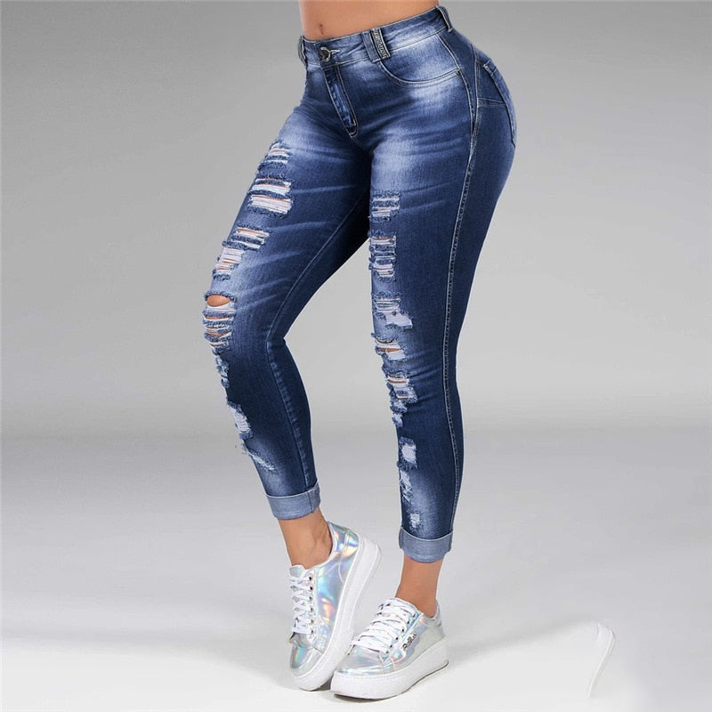Washed Ripped Jeans Women S-5XL Korean High Waist Trousers Skinny Denim Jeans Black Blue Hollow Bleached Pencil Pants 2022